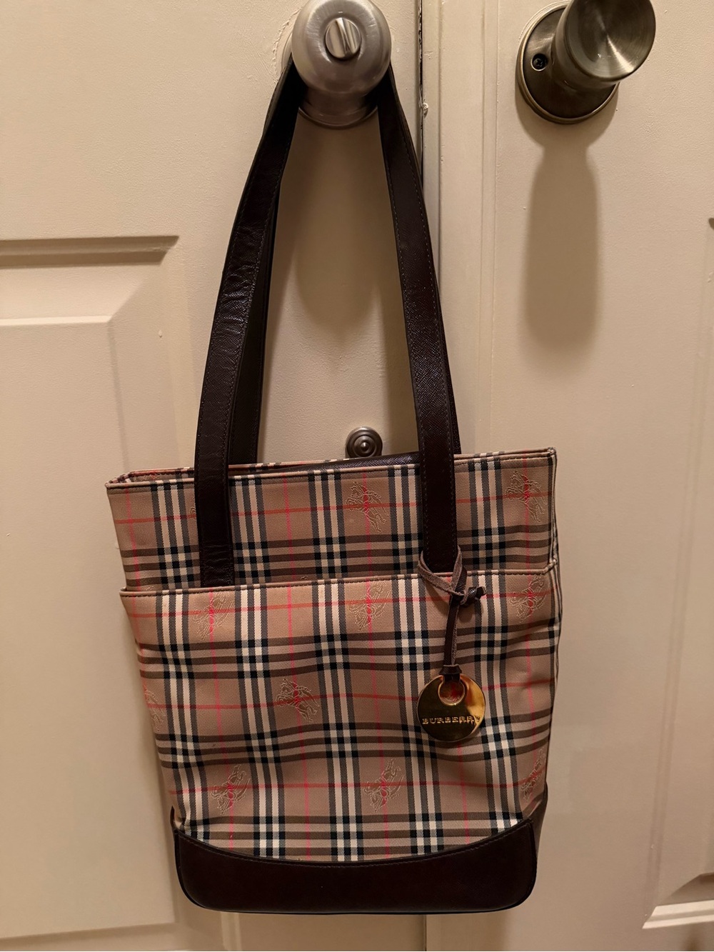 Burberry Tan Check Tote with Dark Brown Leather Straps